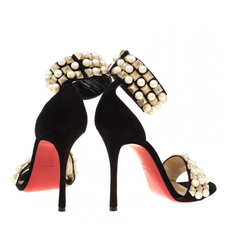Pre Owned Christian Louboutin Black Suede Tudor Embellished Ankle Cuff Open Toe Sandals Size 38