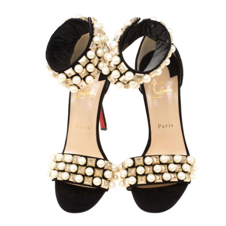 Pre Owned Christian Louboutin Black Suede Tudor Embellished Ankle Cuff Open Toe Sandals Size 38