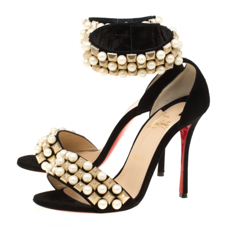 Pre Owned Christian Louboutin Black Suede Tudor Embellished Ankle Cuff Open Toe Sandals Size 38