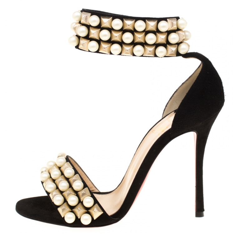 Pre Owned Christian Louboutin Black Suede Tudor Embellished Ankle Cuff Open Toe Sandals Size 38