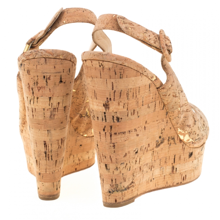 Pre Owned Christian Louboutin Beige Cork Une Plume Peep Toe Slingback Wedges Sandals Size 39