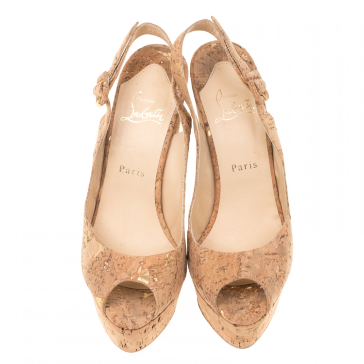Pre Owned Christian Louboutin Beige Cork Une Plume Peep Toe Slingback Wedges Sandals Size 39