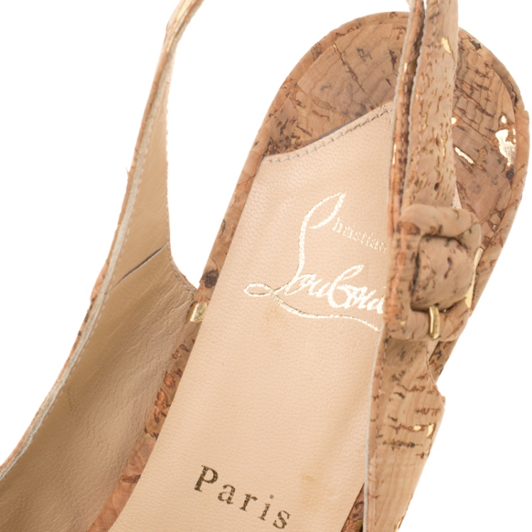 Pre Owned Christian Louboutin Beige Cork Une Plume Peep Toe Slingback Wedges Sandals Size 39