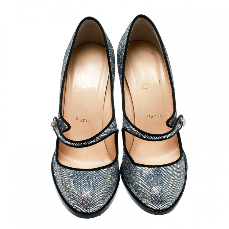 Pre Owned Christian Louboutin Metallic Silver Glitter Fabric Mary Jane Pumps Show Size 40 
