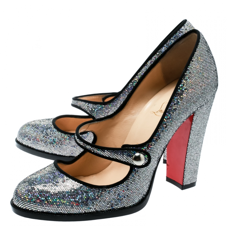 Pre Owned Christian Louboutin Metallic Silver Glitter Fabric Mary Jane Pumps Show Size 40 