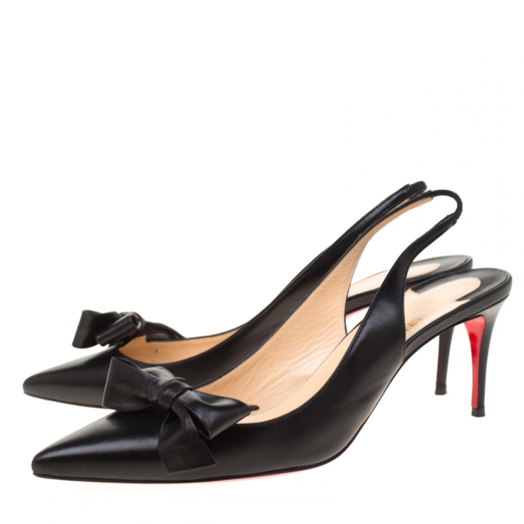 Pre Owned Christian Louboutin Black Leather Yasling Bow Detail Pointed Toe Slingback Sandals Size 39