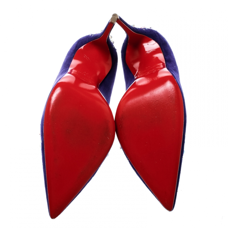 Pre Owned Christian Louboutin Blue Pearl Embellished Suede Pop Pointed Toe Pumps Size 38