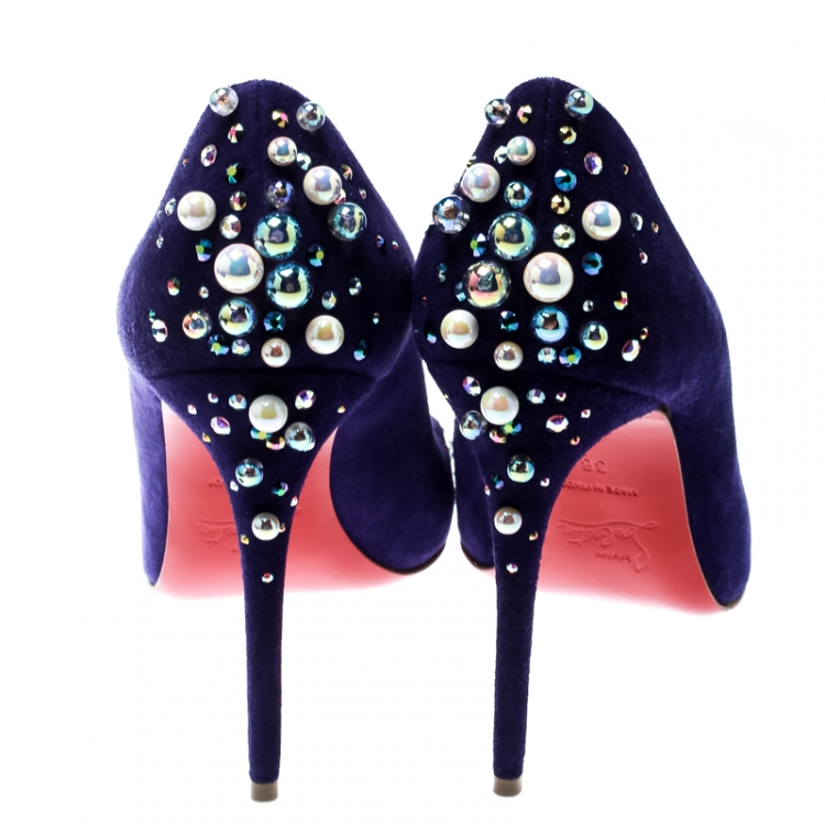 Pre Owned Christian Louboutin Blue Pearl Embellished Suede Pop Pointed Toe Pumps Size 38