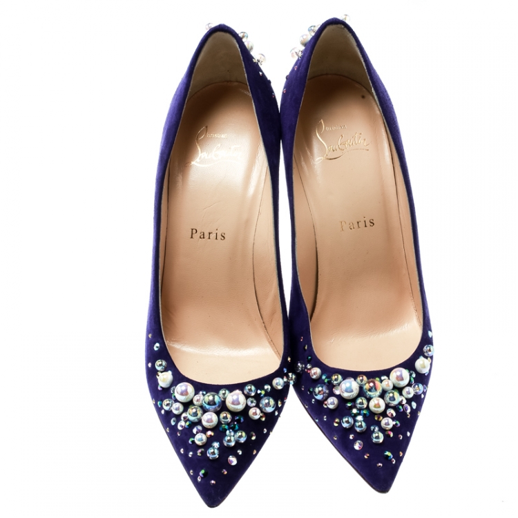 Pre Owned Christian Louboutin Blue Pearl Embellished Suede Pop Pointed Toe Pumps Size 38