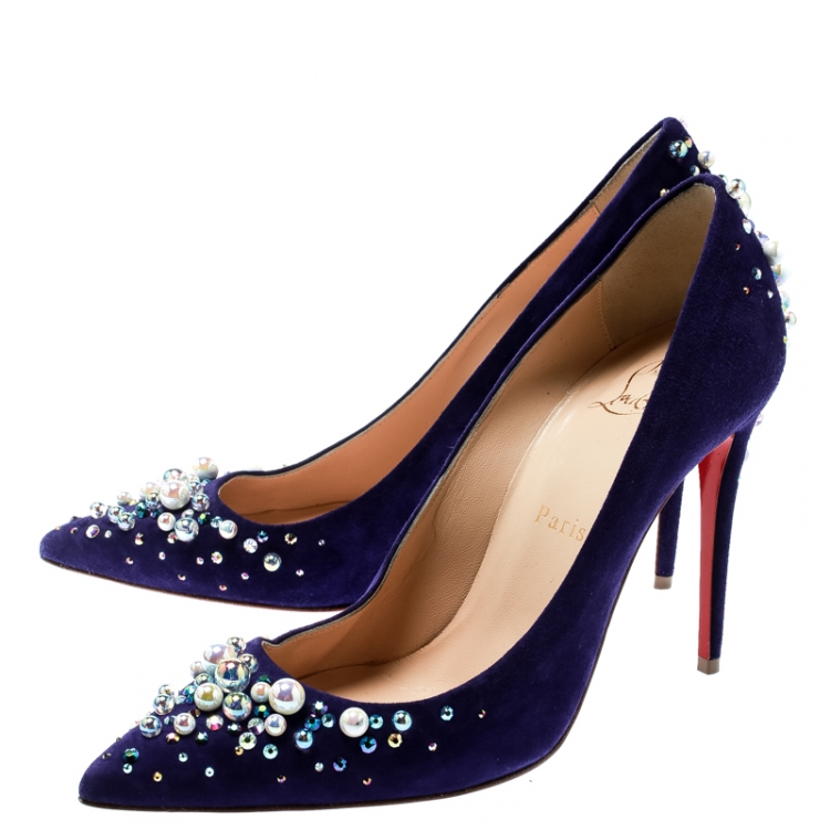 Pre Owned Christian Louboutin Blue Pearl Embellished Suede Pop Pointed Toe Pumps Size 38
