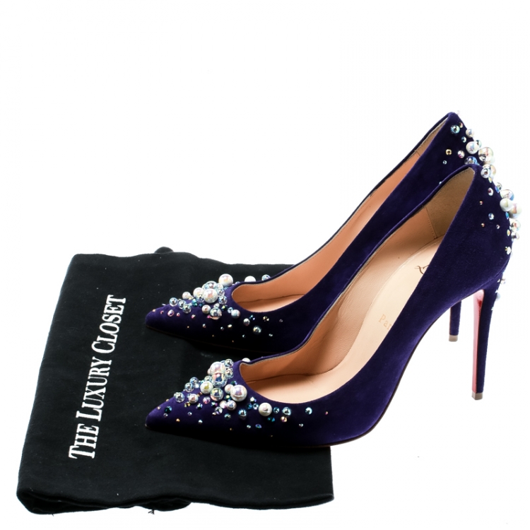 Pre Owned Christian Louboutin Blue Pearl Embellished Suede Pop Pointed Toe Pumps Size 38