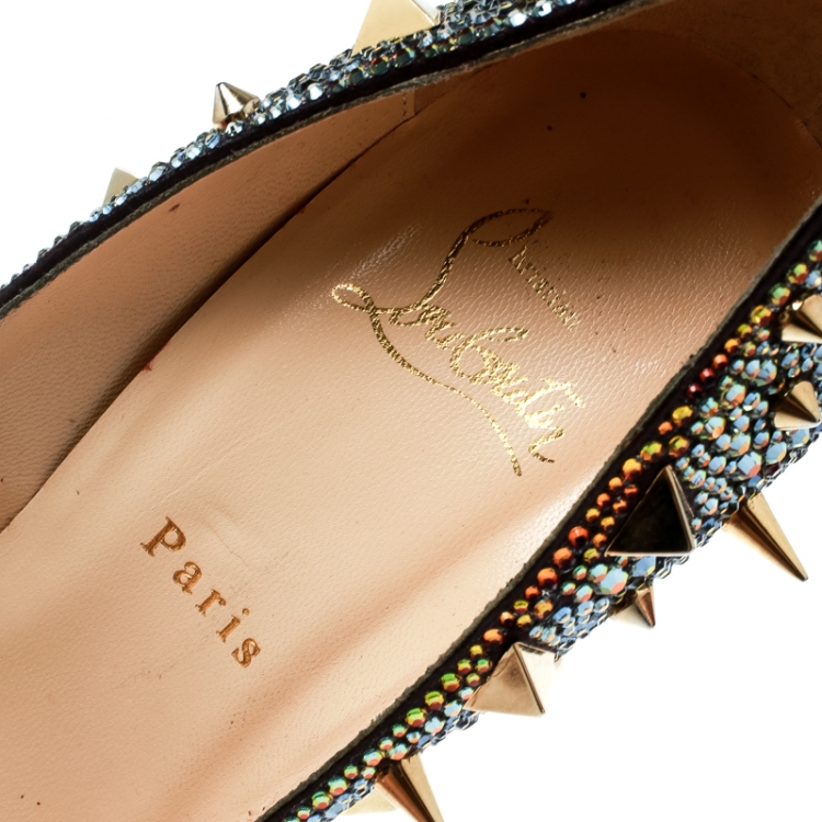 Pre Owned Christian Louboutin Multicolor Crystal And Spike Embellished Lady Peep Toe Platform Pumps Size 39.5