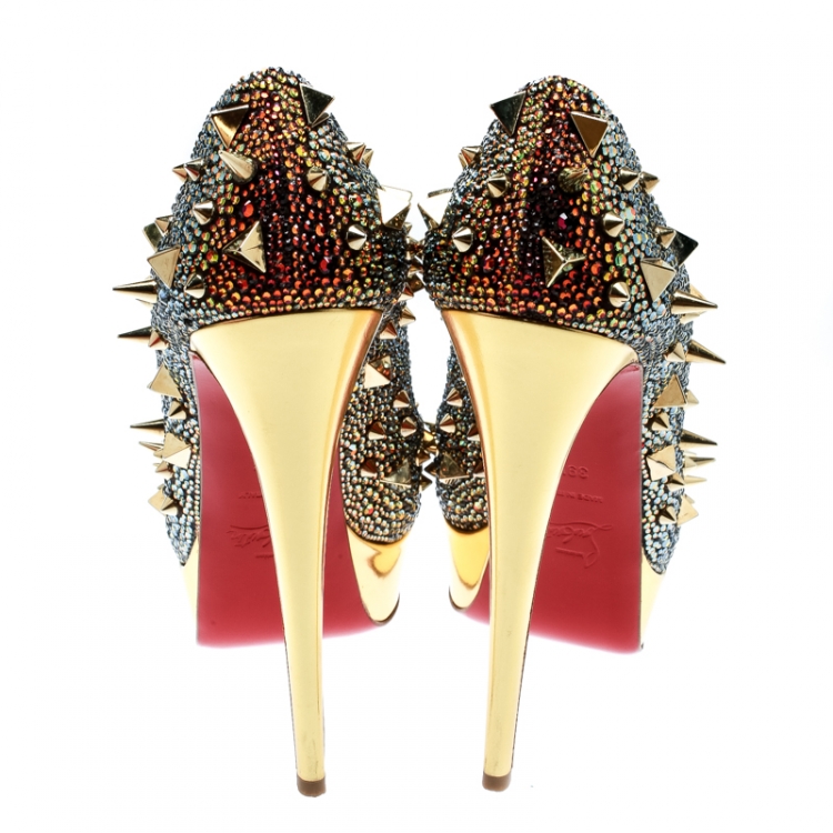 Pre Owned Christian Louboutin Multicolor Crystal And Spike Embellished Lady Peep Toe Platform Pumps Size 39.5