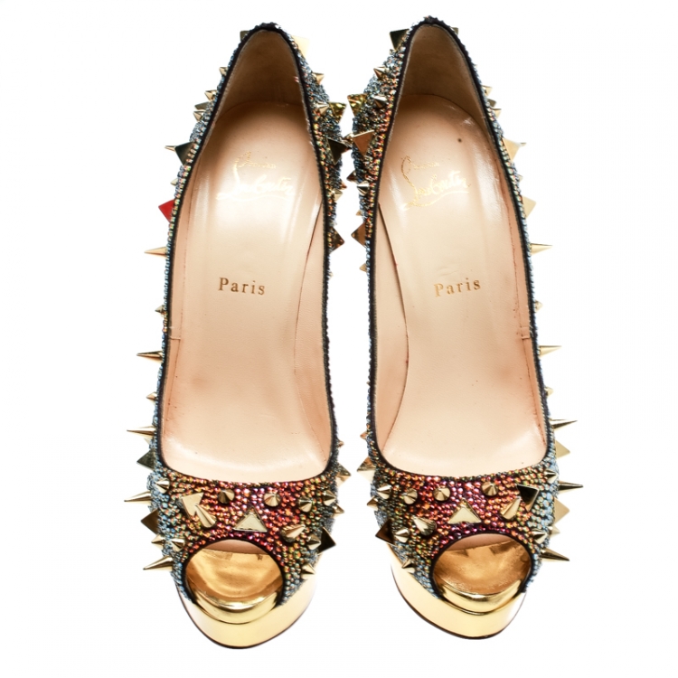 Pre Owned Christian Louboutin Multicolor Crystal And Spike Embellished Lady Peep Toe Platform Pumps Size 39.5