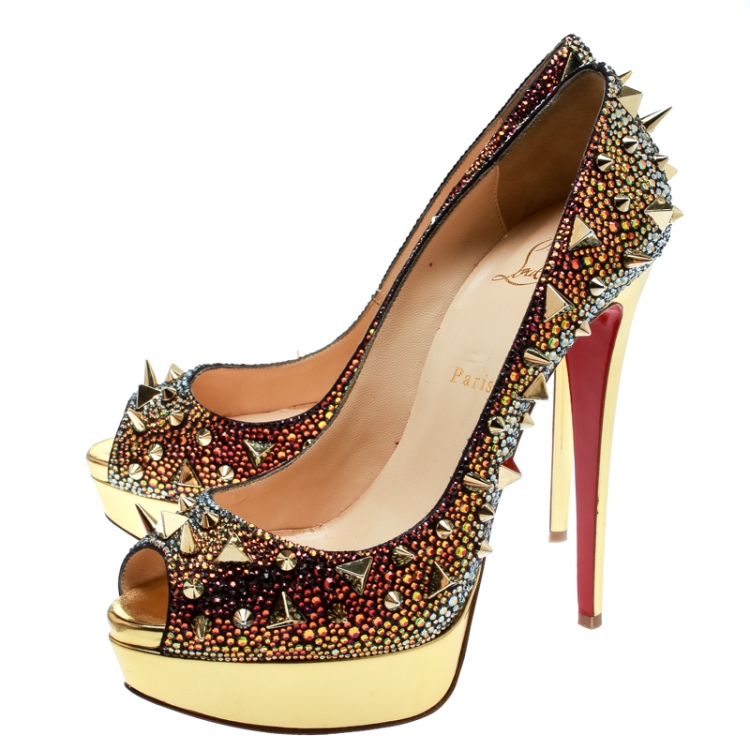 Pre Owned Christian Louboutin Multicolor Crystal And Spike Embellished Lady Peep Toe Platform Pumps Size 39.5