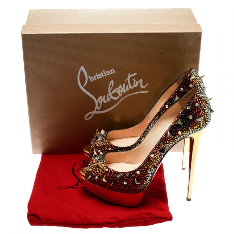 Pre Owned Christian Louboutin Multicolor Crystal And Spike Embellished Lady Peep Toe Platform Pumps Size 39.5