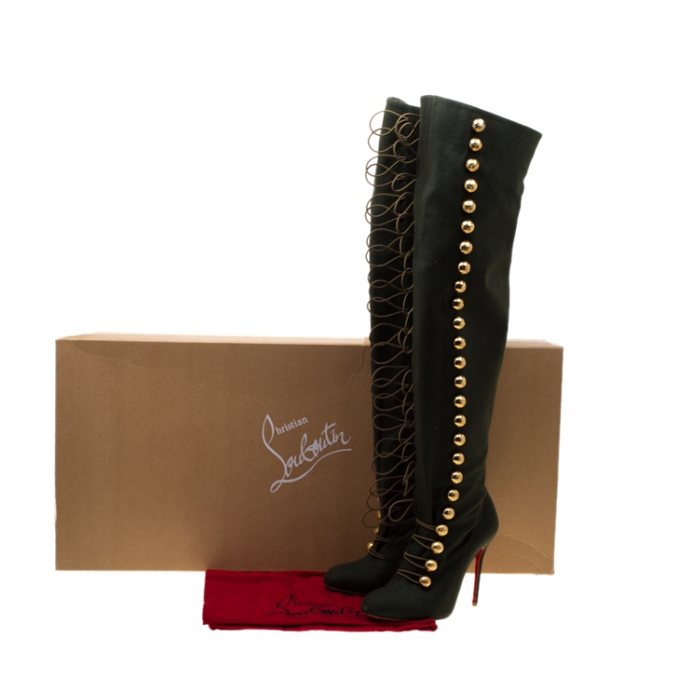 مملوكة مسبقًا Christian Louboutin Khaki Green Flannel Ronfifi Supra Over The Knee Boots Size 39.5