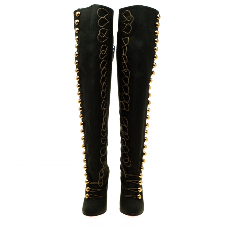 مملوكة مسبقًا Christian Louboutin Khaki Green Flannel Ronfifi Supra Over The Knee Boots Size 39.5