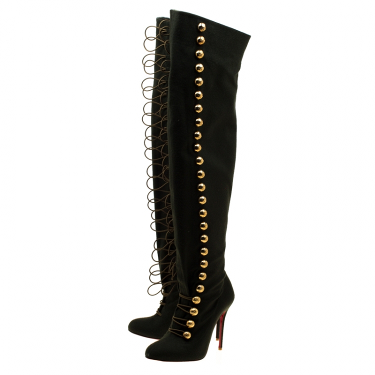 مملوكة مسبقًا Christian Louboutin Khaki Green Flannel Ronfifi Supra Over The Knee Boots Size 39.5