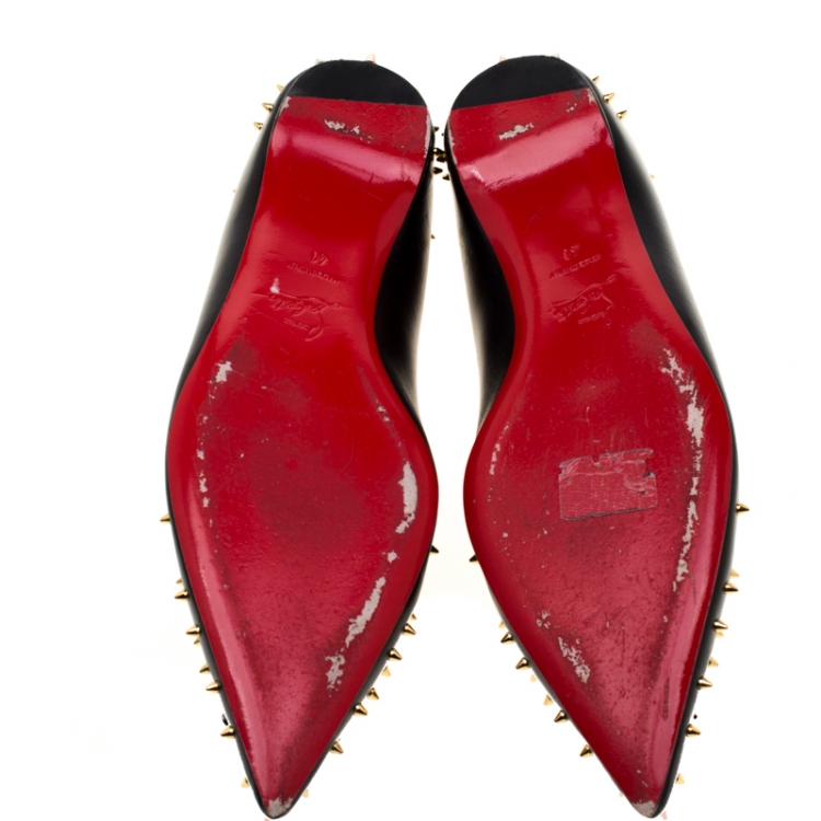 Pre Owned Christian Louboutin Black Leather Spike Goldoflat Ballet Flats Size 41