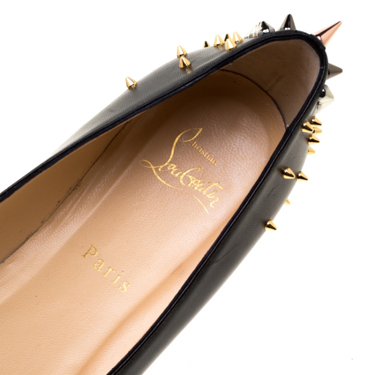 Pre Owned Christian Louboutin Black Leather Spike Goldoflat Ballet Flats Size 41