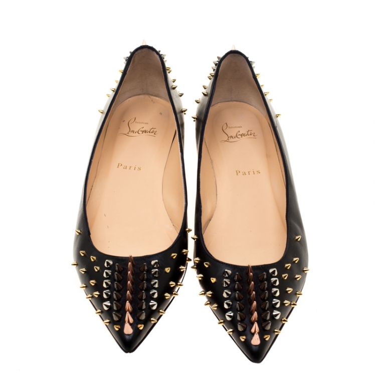 Pre Owned Christian Louboutin Black Leather Spike Goldoflat Ballet Flats Size 41