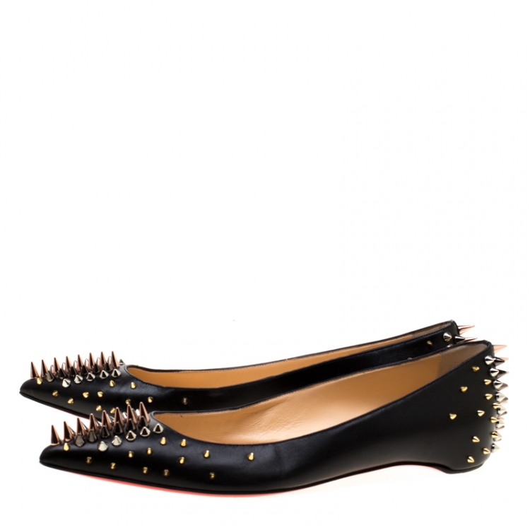 Pre Owned Christian Louboutin Black Leather Spike Goldoflat Ballet Flats Size 41