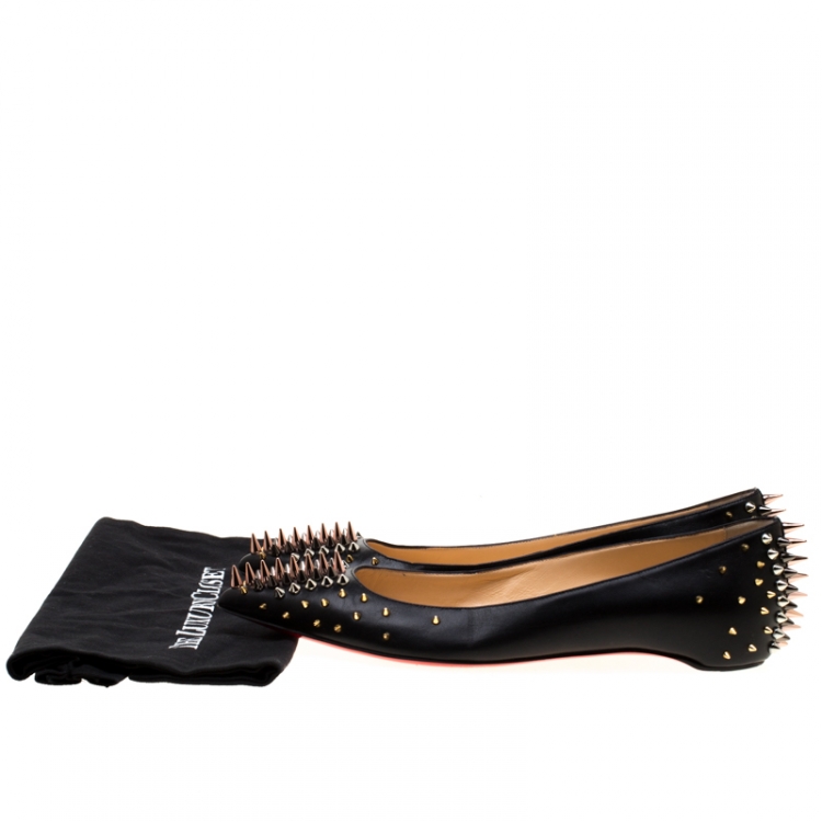 Pre Owned Christian Louboutin Black Leather Spike Goldoflat Ballet Flats Size 41