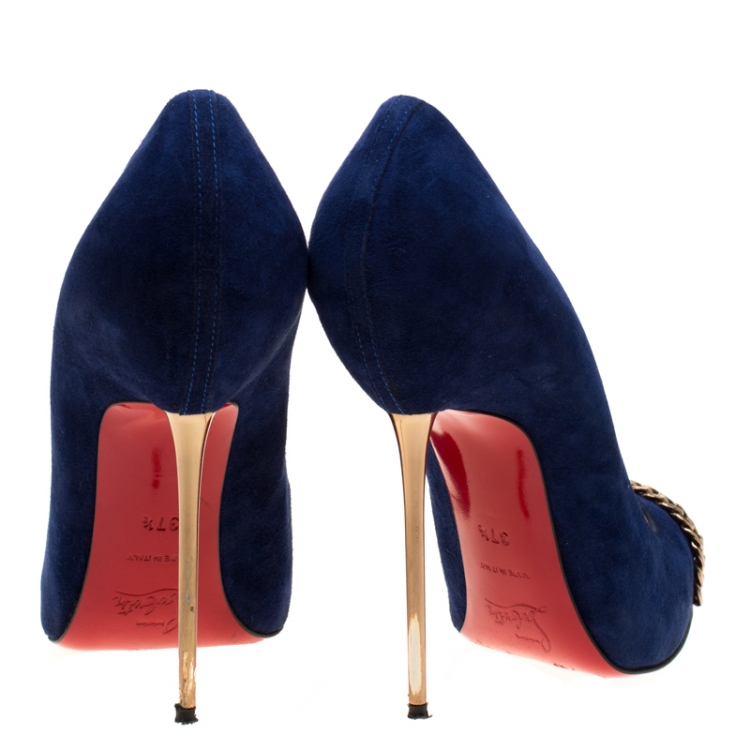 Pre Owned Christian Louboutin Oxford Blue Suede Metallip Chain Detail Metal Cap Toe Pumps Size 37.5