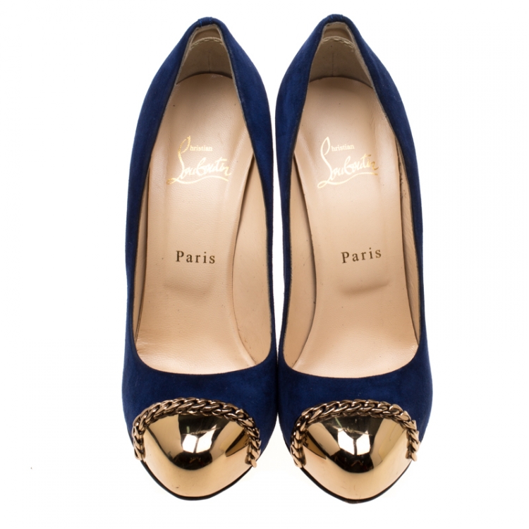 Pre Owned Christian Louboutin Oxford Blue Suede Metallip Chain Detail Metal Cap Toe Pumps Size 37.5