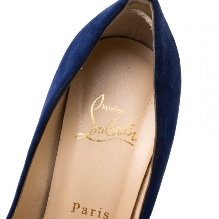 Pre Owned Christian Louboutin Oxford Blue Suede Metallip Chain Detail Metal Cap Toe Pumps Size 37.5