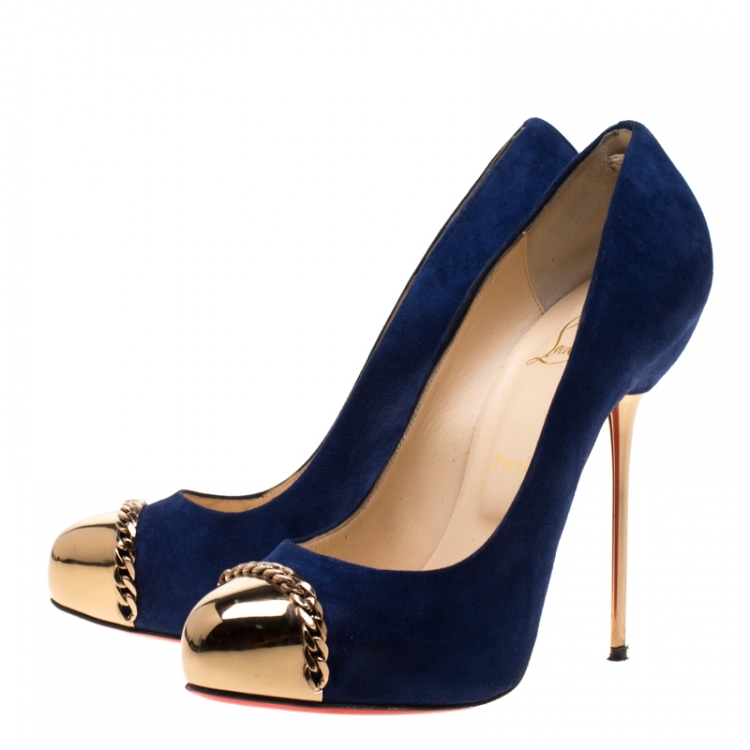 Pre Owned Christian Louboutin Oxford Blue Suede Metallip Chain Detail Metal Cap Toe Pumps Size 37.5