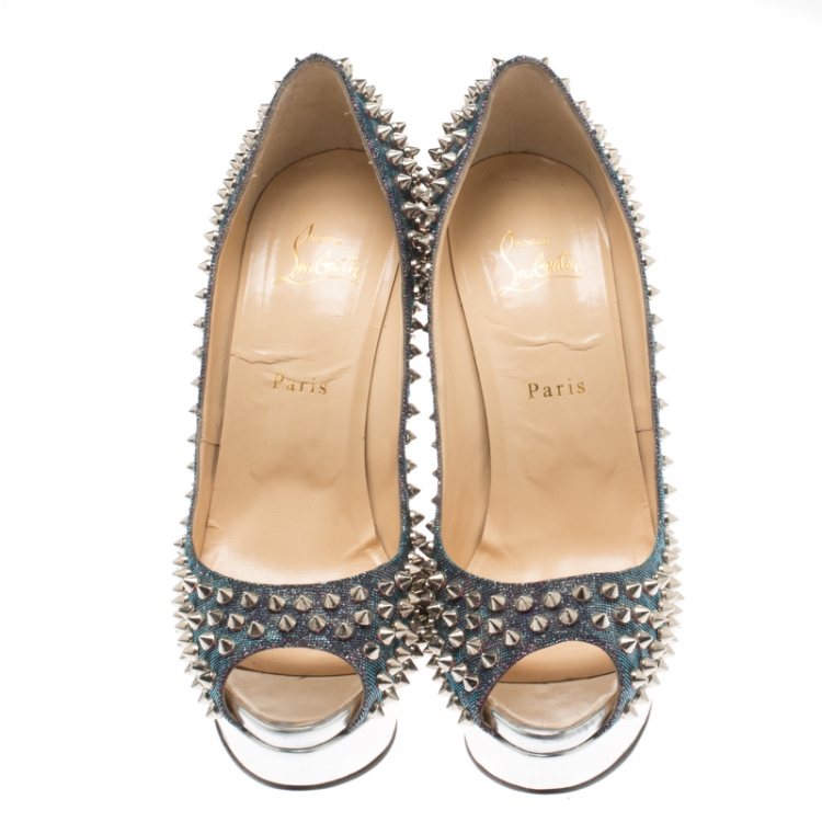Pre Owned Christian Louboutin Metallic Lame Lady Peep Spike Platform Pumps Size 40.5