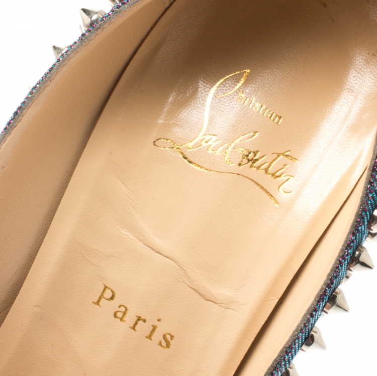 Pre Owned Christian Louboutin Metallic Lame Lady Peep Spike Platform Pumps Size 40.5