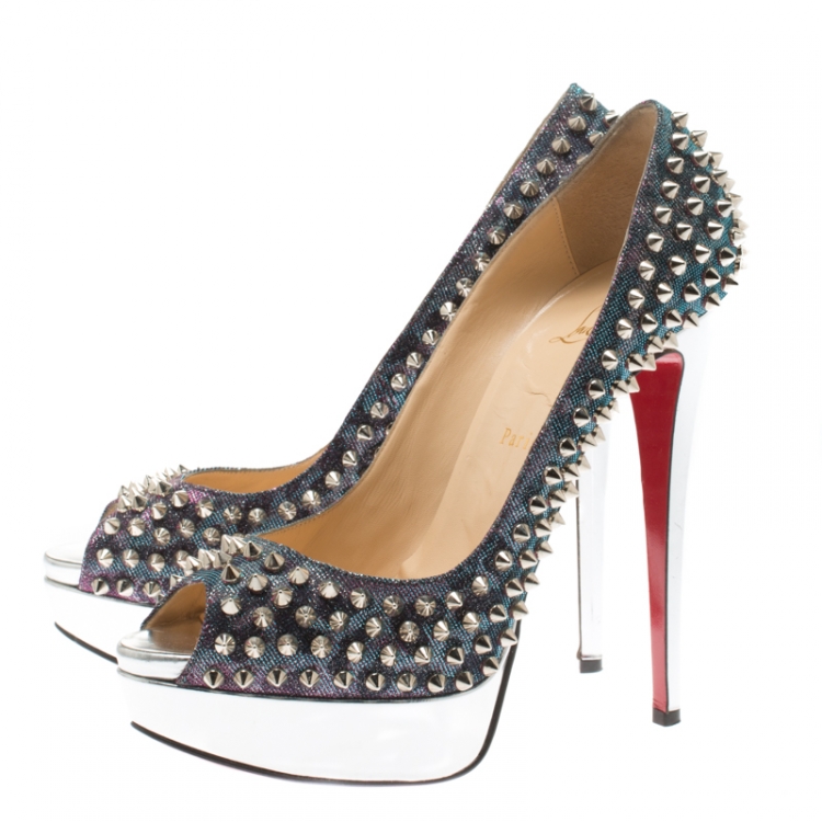Pre Owned Christian Louboutin Metallic Lame Lady Peep Spike Platform Pumps Size 40.5