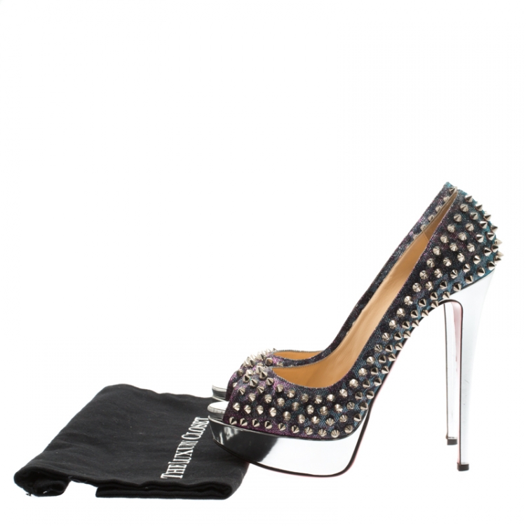 Pre Owned Christian Louboutin Metallic Lame Lady Peep Spike Platform Pumps Size 40.5