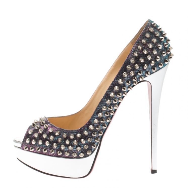 Pre Owned Christian Louboutin Metallic Lame Lady Peep Spike Platform Pumps Size 40.5