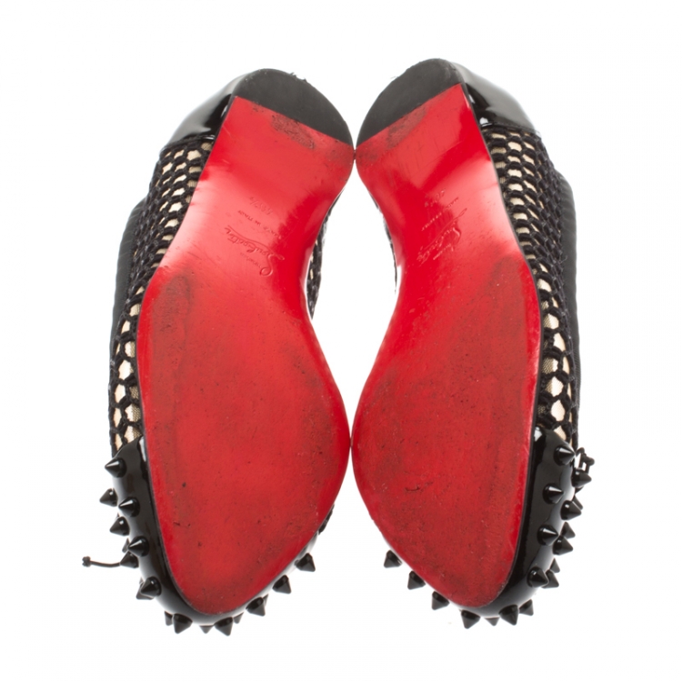 Pre Owned Christian Louboutin Black Patent Leather With Cord Mix Spike Cap Toe Ballet Flats Size 40.5