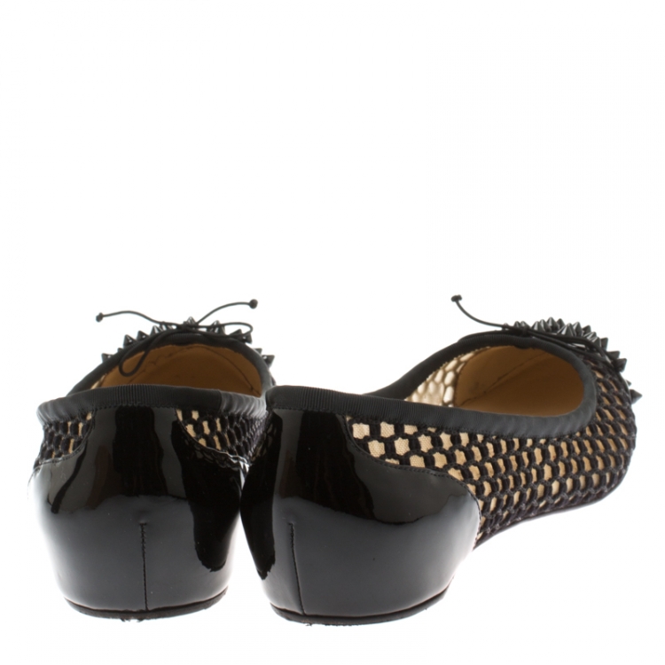 Pre Owned Christian Louboutin Black Patent Leather With Cord Mix Spike Cap Toe Ballet Flats Size 40.5