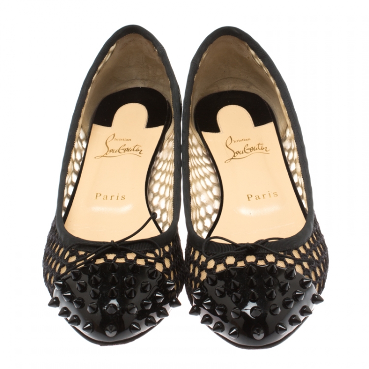 Pre Owned Christian Louboutin Black Patent Leather With Cord Mix Spike Cap Toe Ballet Flats Size 40.5