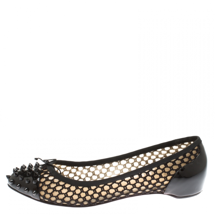Christian Louboutin Mix Spiked Patent Leather & Mesh Flats in Black