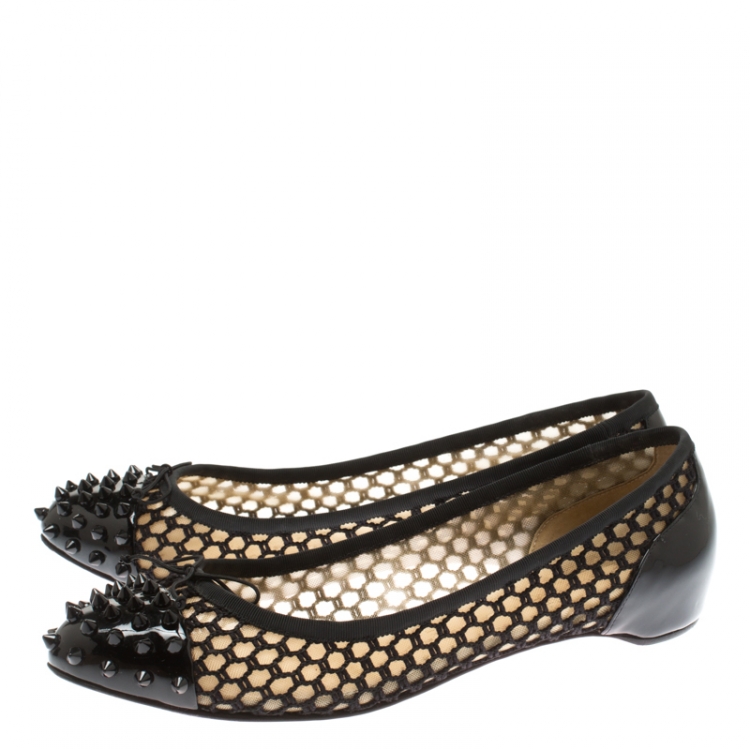 Pre Owned Christian Louboutin Black Patent Leather With Cord Mix Spike Cap Toe Ballet Flats Size 40.5