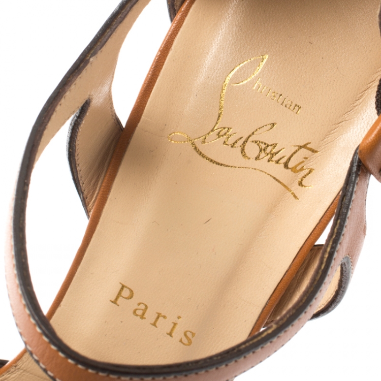 Pre Owned Christian Louboutin Brown Leather Sporting Platform Ankle Strap Sandals Size 38.5