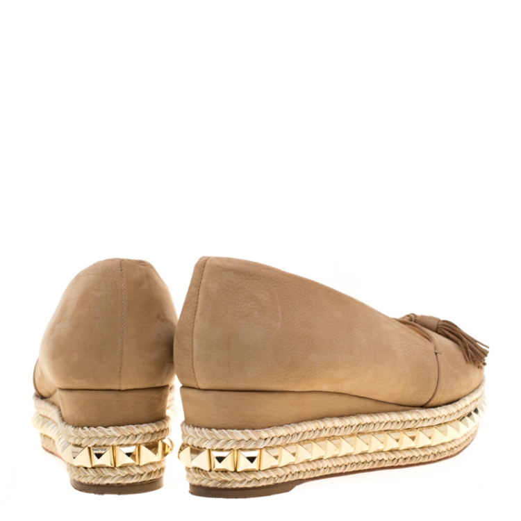 Pre Owned Christian Louboutin Nubuck Leather Carmel CA Wedge Espadrille Size 37