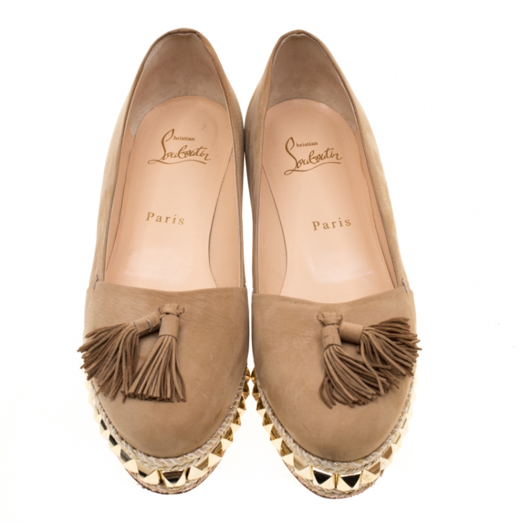 Pre Owned Christian Louboutin Nubuck Leather Carmel CA Wedge Espadrille Size 37