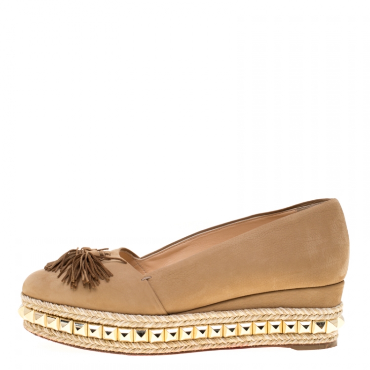 Pre Owned Christian Louboutin Nubuck Leather Carmel CA Wedge Espadrille Size 37