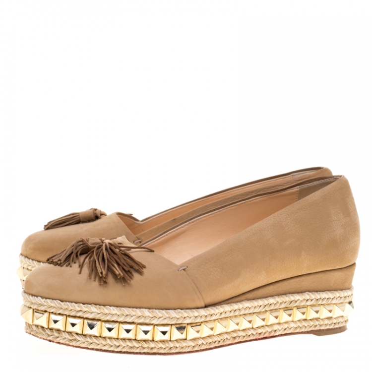 Pre Owned Christian Louboutin Nubuck Leather Carmel CA Wedge Espadrille Size 37