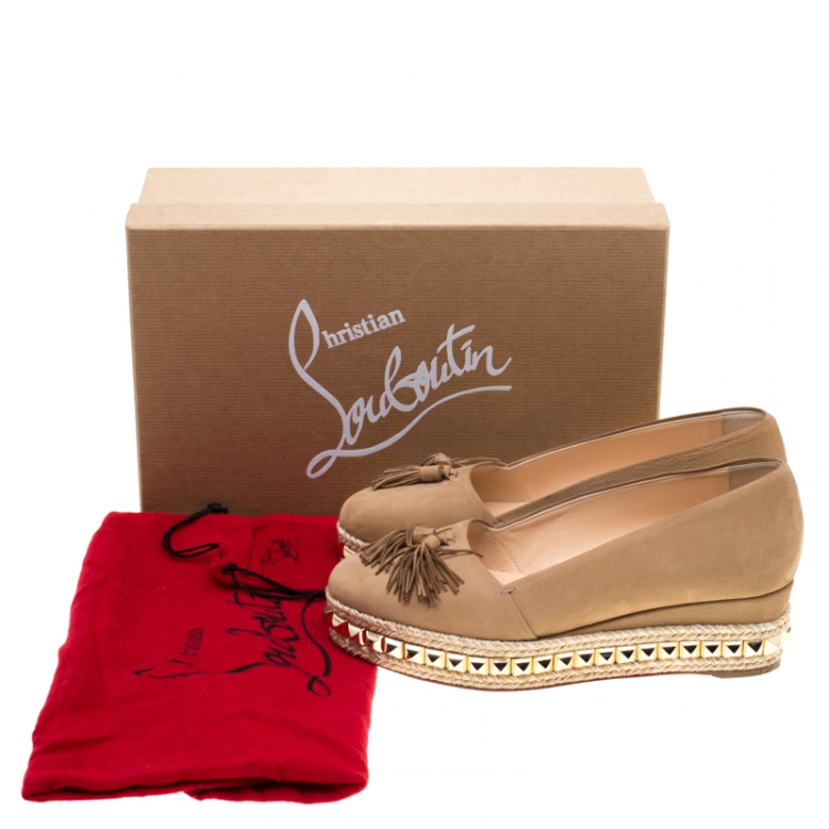 Pre Owned Christian Louboutin Nubuck Leather Carmel CA Wedge Espadrille Size 37