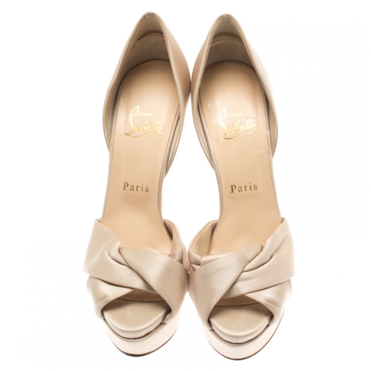 Pre Owned Christian Louboutin Beige Satin Cross Strap Peep Toe D'orsay Platform Pumps Size 38.5