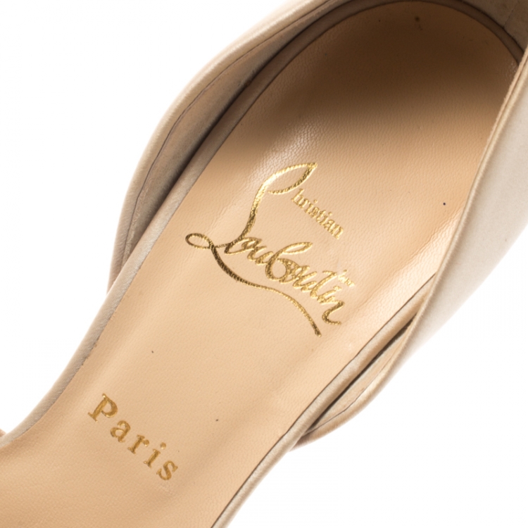 Pre Owned Christian Louboutin Beige Satin Cross Strap Peep Toe D'orsay Platform Pumps Size 38.5